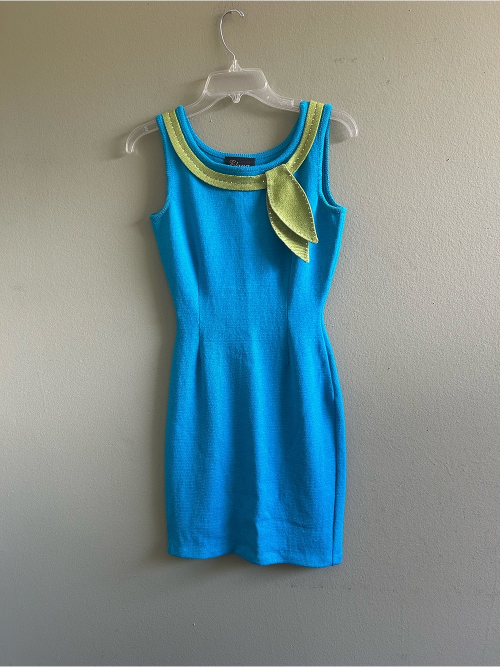 Elana Vintage Knit Turquoise Mini Dress with Lime Neck Accent